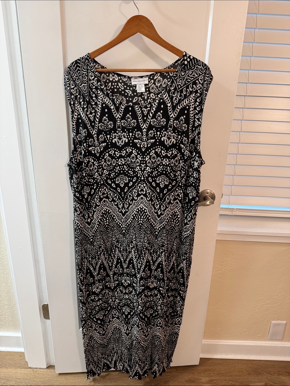 Black White Crinkle Rayon Midi Dress Boho Modest 90s Size 3X